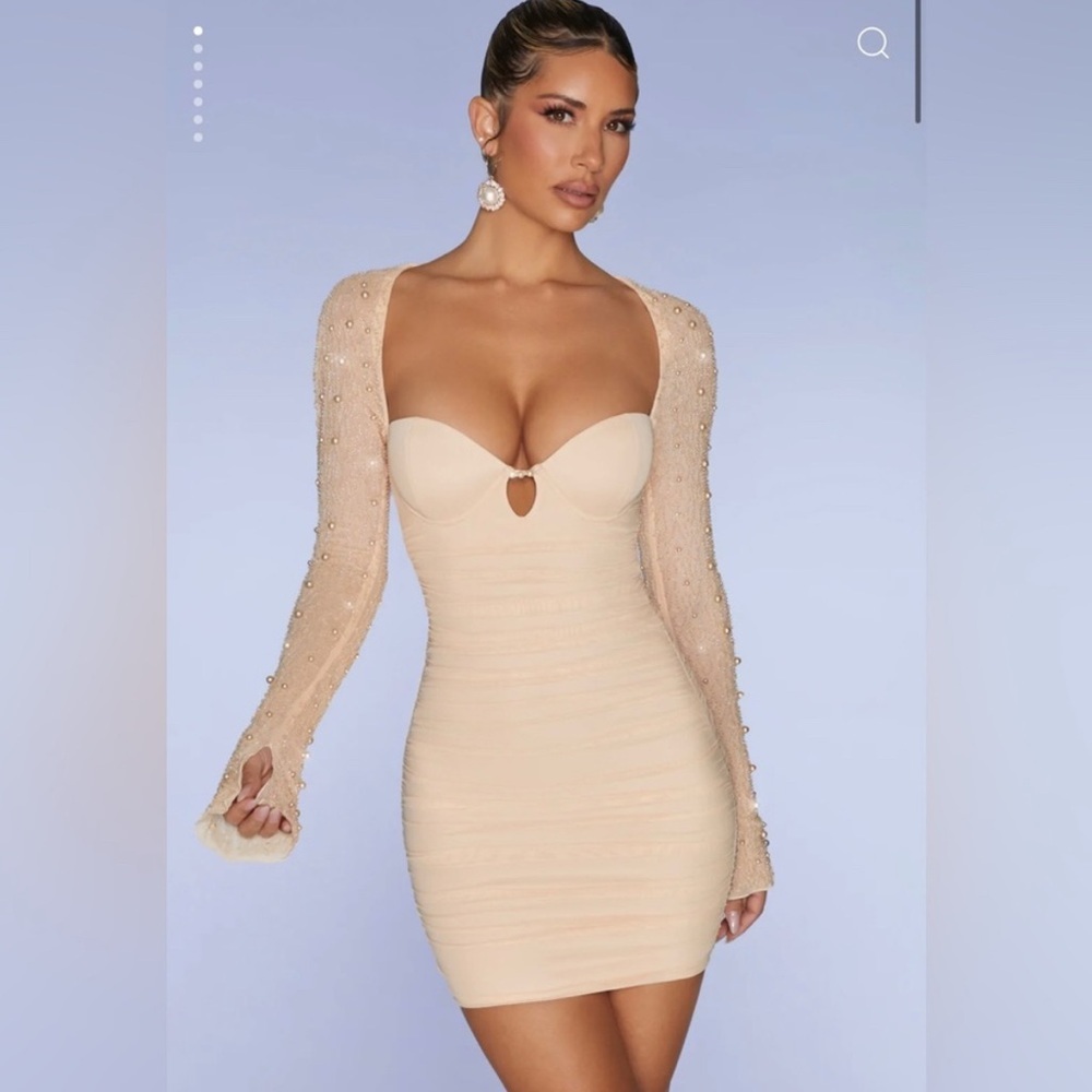 Oh Polly St. Germain
Embellished Long Sleeve Mini Dress in Sand